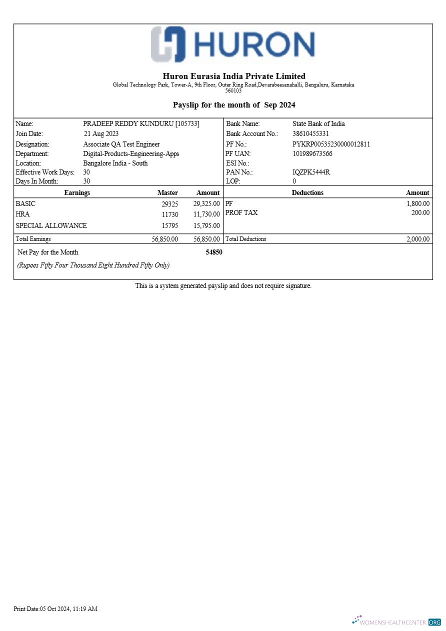 Download Huron Eurasia India payslip template in Word and PDF formats.pdf, 1 Photoshop template